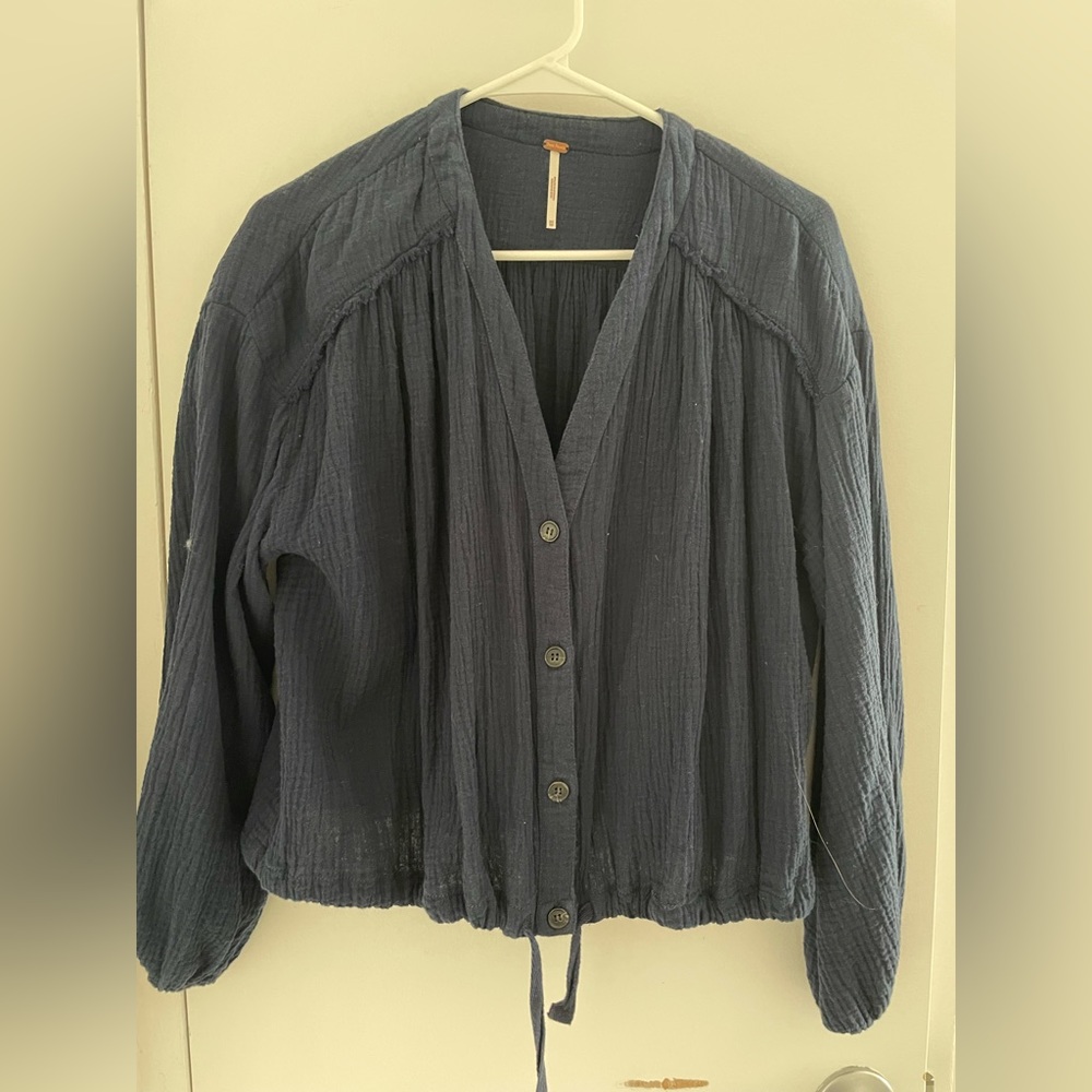 Navy Free People long sleeve gauze top with buttons